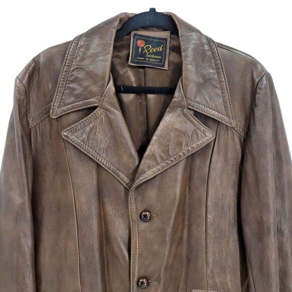 70s Leather Jacket Mottled Crackle Brown Duster Blazer Button Hippy Streetwear L - Picture 7 of 14
